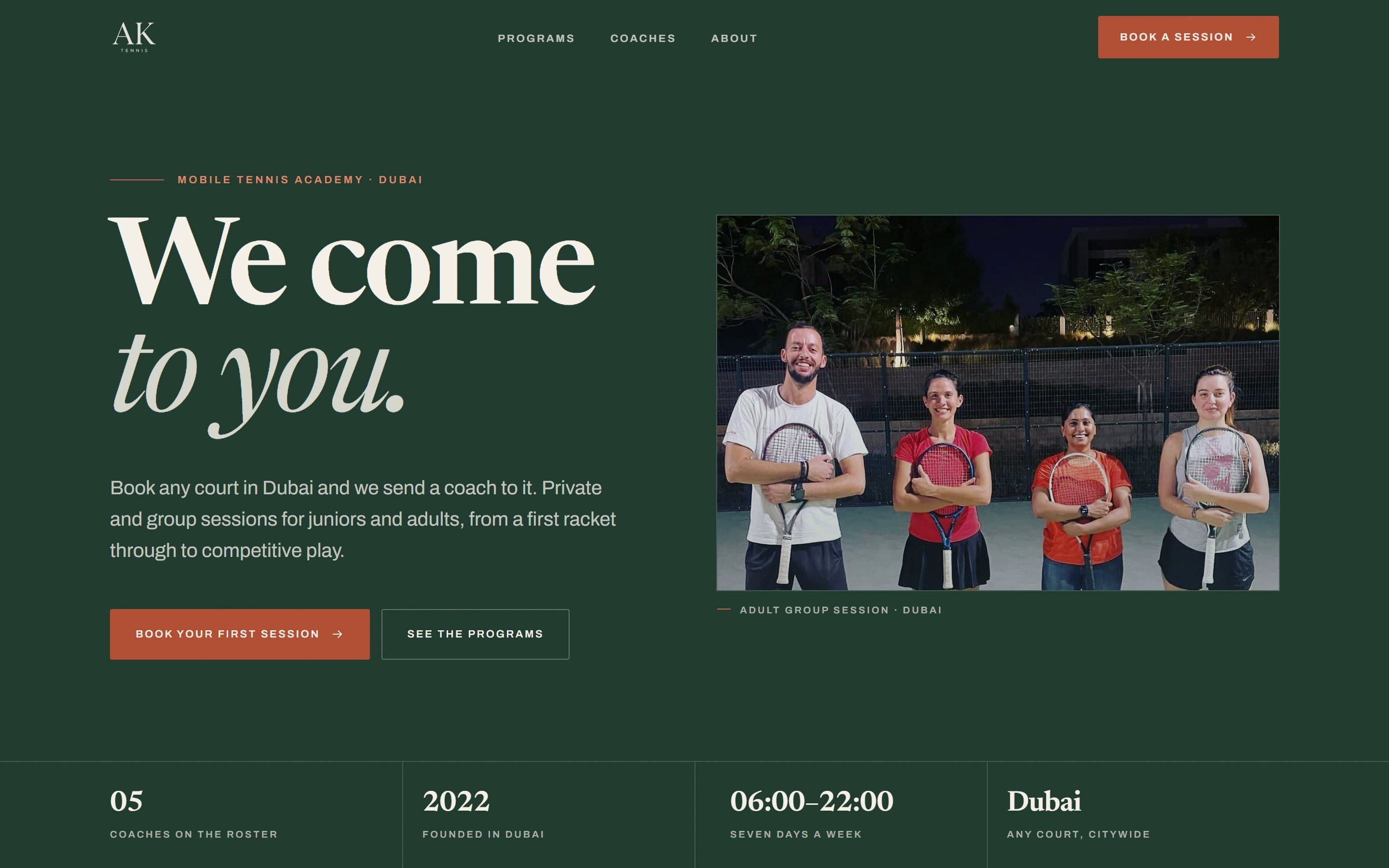 Screenshot of the AK Tennis Academy website
